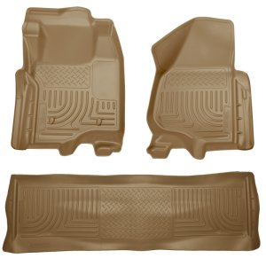 Ford F-350 Super Duty Floor Liners - Front + Rear - Husky Liners - WeatherBeater Combo - Tan - `11-`12